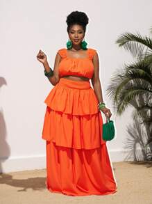 Slaydiva Nuevo conjunto de 2 piezas talla grande para 2025: Falda de volantes de color naranja liso y vestido largo con top de chaleco fruncido