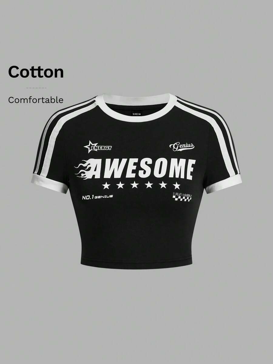 SHEIN EZwear Women's Back To School Contrast Trim Italy City Landmark Printed Y2K Crop Tight-Fitting T-Shirt