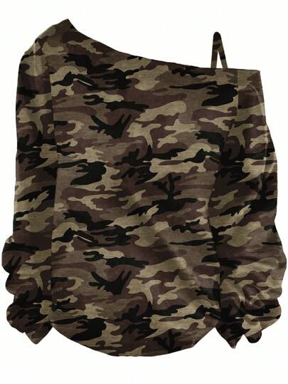 SHEIN Essnce Women's Casual Asymmetrical Camouflage Print One-Shoulder Sleeveless T-Shirt, Spring/Autumn