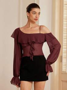 Aveloria Rosie Blusa romántica de estilo italiano para mujer con volantes en un hombro, de gasa transparente y manga larga acortada