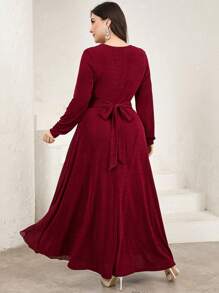 Modelyn Plus Size Women's Solid Color Round Neck Long Sleeve Pleated Simple Casual Arabian Dress,Modest - Burgundy - View 3
