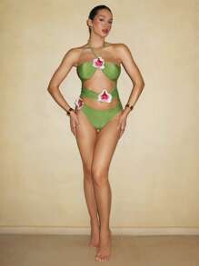 Swim Chiccia Spring Break Women's Beach Wear Summer Outfit, New European Style Solid Color Floral 3D Hollow Neck Beach Vacation One Piece Swimsuit, Festival Boho - Green - View 3