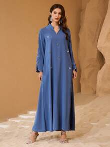 Al Najma 女士传统优雅奢华串珠立领宽松长裙 - 藍色 - 查看 6