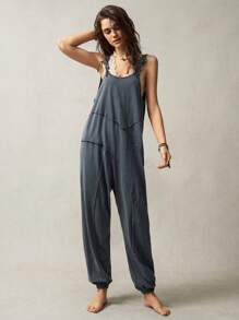 Bohemela 大码纯色针织宽松连体裤，简约时尚休闲日常穿着 - 灰色 - 查看 3