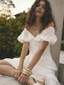 Aralina Summer Outfit Puff Sleeve V Neckline Flowy Vacation Maxi Dress - Multicolor - View 7