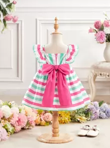 Fern Glow  Baby Girl Summer Colorblock Striped Ruffle Hem Bow Decor Dress - Multicolor - View 1