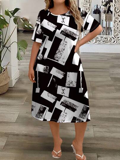 EMERY ROSE 大码圆领短袖花卉印花简约休闲迷你 T 恤连衣裙