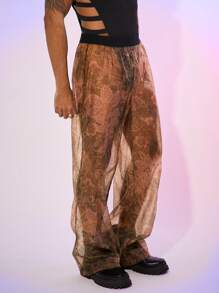 FeverCity Pantalones anchos de hombre con estampado floral de malla, estilo elegante