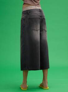 COUREZ Low Rise Longline Oversized Black Denim Shorts /Y2K Cotton Summer Baggy Jorts Spring - Blue - View 3