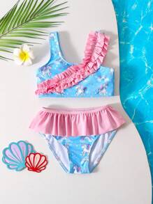 Young Girl Ruffled Rainbow Horse Print Tankini Swimwear Set - Multicolor - View 1