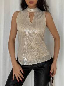 Chiquease 欧美轻奢无袖重磅亮片闪亮上衣女性感衬衫 - 杏色 - 查看 8