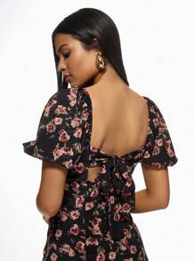 MISSGUIDED Floral Milkmaid Midi Dress With Ruched Bust Puff Sleeves Side Split Square Neck Summer Wedding Guest Tea Party Dress - Black - View 6