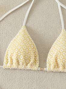 Swim Mod Beach For Women - Solid Color Textured Fabric Halter Triangle Bikini Top, Summer - Yellow - View 4