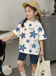 SHEIN Personalized And Cool Five-Pointed Star-Shaped English Print, Young Girl Casual And Simple Short-Sleeved Shorts Two Pieces Suit Is Suitable For Summer - Multicolor - View 1
