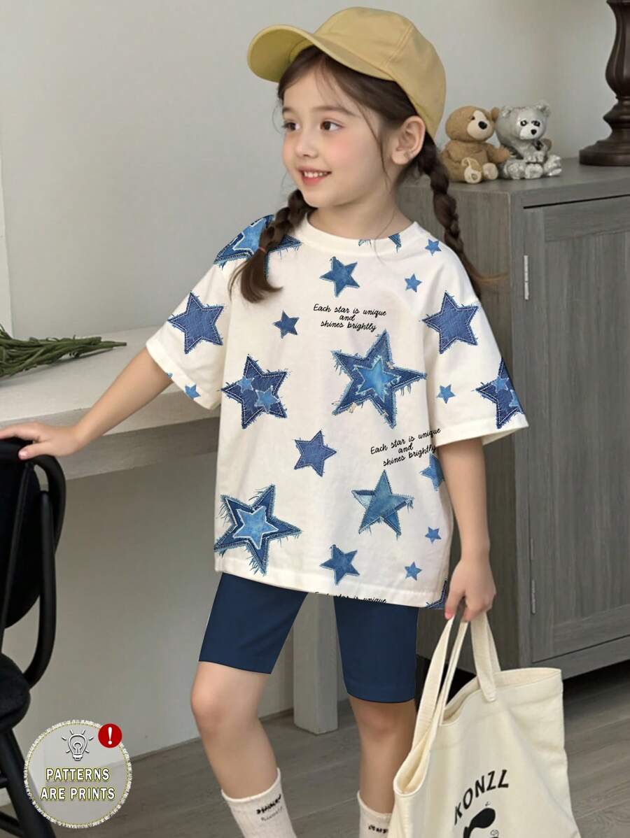 SHEIN Personalized And Cool Five-Pointed Star-Shaped English Print, Young Girl Casual And Simple Short-Sleeved Shorts Two Pieces Suit Is Suitable For Summer - Multicolor - View 1