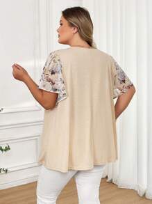 SHEIN CURVE+ 大码女式春季花卉印花系带撞色黑色衬衫 - 杏色 - 查看 2