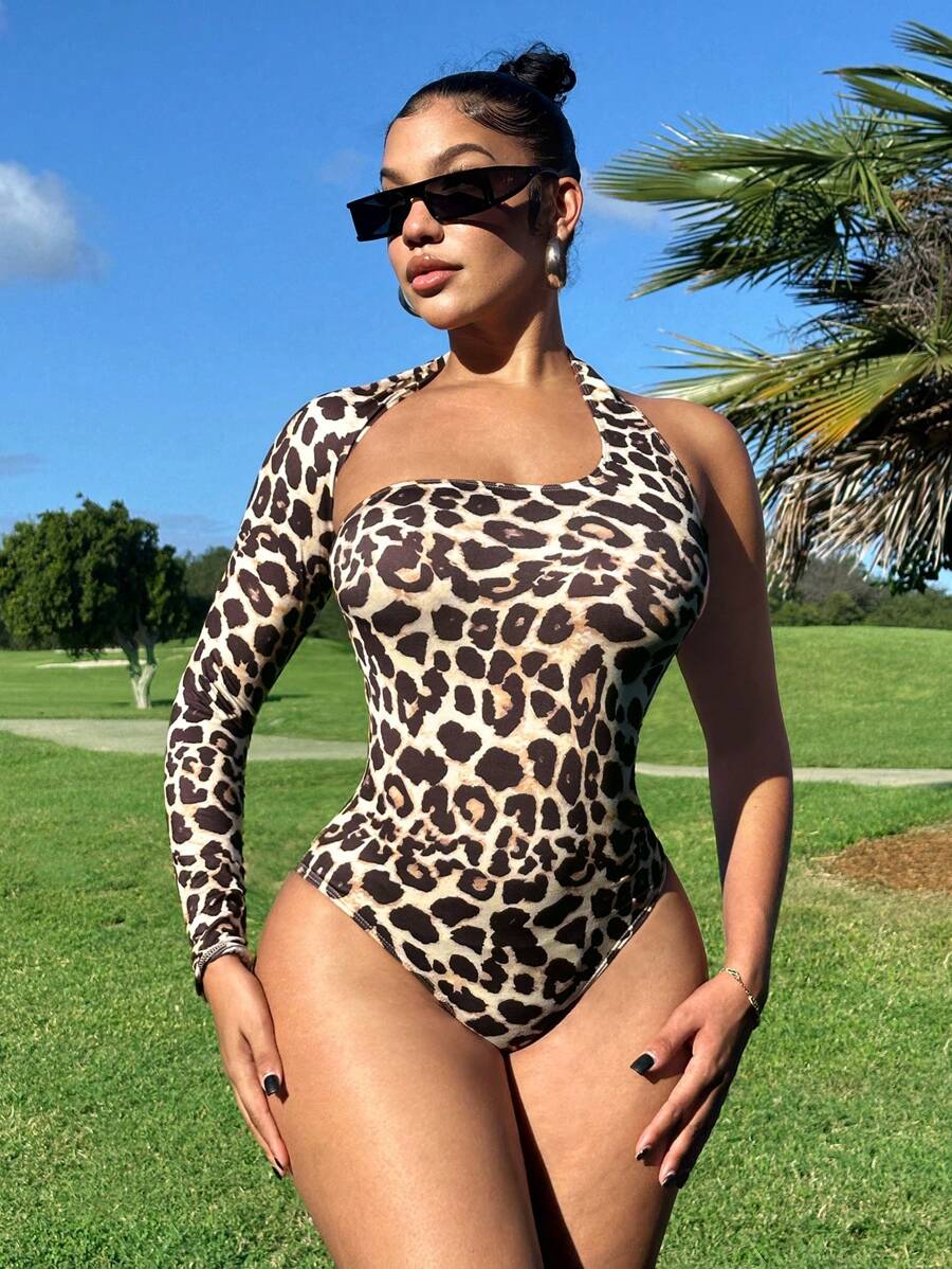 Zolique Women's One-Shoulder Long Sleeve Leopard Print Sexy Slim-Fit Khaki Bodysuit