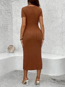 SHEIN Casual Vacation Round Neck Short Sleeve Fitted Maternity Dress - Brown - View 2