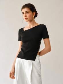 Chiquease ملابس علوية محبوكة ضيقة ذات ياقة مائلة وذيل منشق ، أكمام قصيرة باللون الأحادي للسيدات