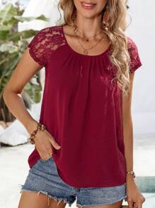 EMERY ROSE Women's Solid Color Lace Patchwork Short Sleeve Simple Casual Shirt - Burgundy - View 3