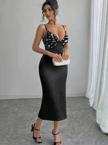 DAZY Women Black And Silver Rhinestone Sequin V-Neck Midi Dress,70s Summer Sparkly Slim Fit Suspender Prom Homecoming Party Night Out Carnival Outfit - Black - View 7
