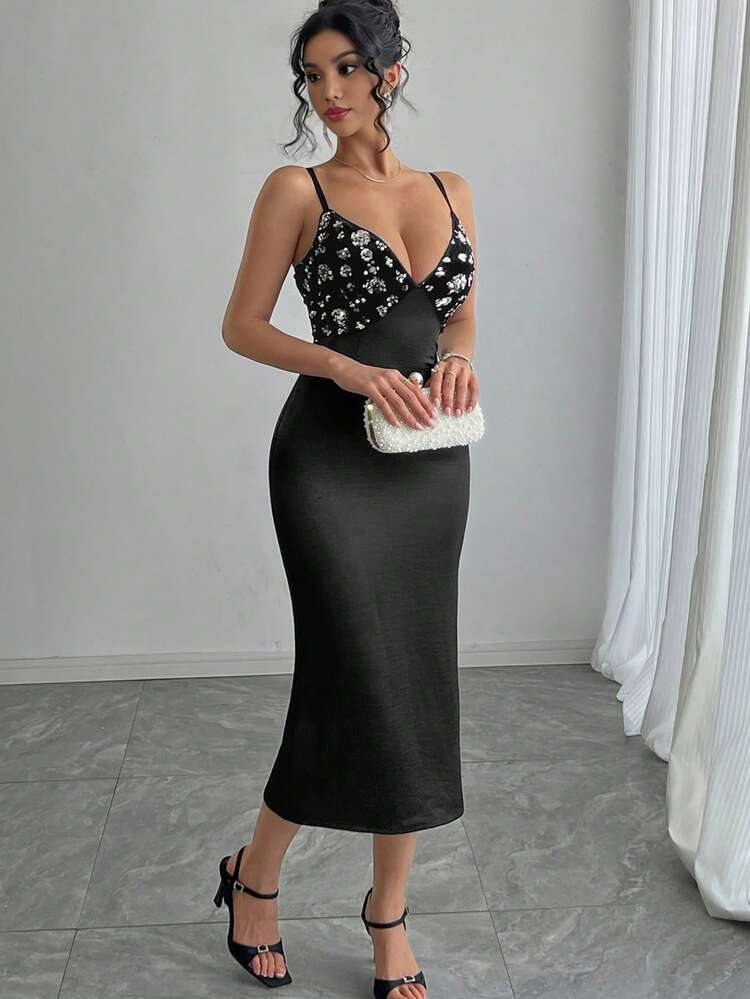 Slim Fit Party Rhinestone Decorated Suspender V-Neck Ladies Midi Dress Prom Dress Party Women Sundress Homecoming Dresses Sequin New Years Women Outfit Carnival Sparkly Dress