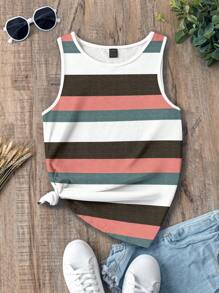 SHEIN LUNE Casual Striped Pattern Round Neck Tank Top For Women, Suitable For Summer - Multicolor - View 6