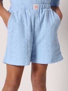 SUMWON Girls Summer Broderie Anglaise Set Two-Piece Boxy Button-Up Shirt Shorts Matching Outfit Beach Vacation Resort Wear Weekend Casual Spring - Blue - View 6