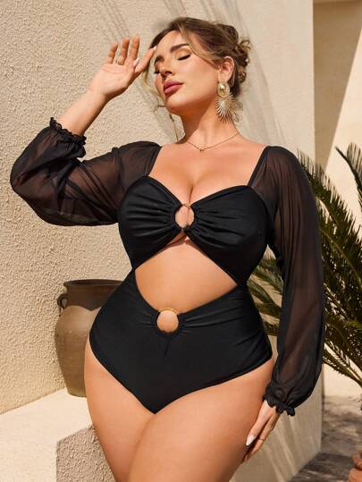 1 pieza Traje de baño negro de una sola pieza con pliegues para talla grande, para fiestas de vacaciones, vacaciones de verano en la playa