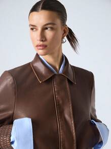 LYSMO Casual Vintage Textured Leather Cropped Jacket - Brown - View 5