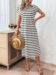 SHEIN LUNE 杏色 & 黑色条纹宽松休闲高领女式长裙 - 杏色 - 查看 3