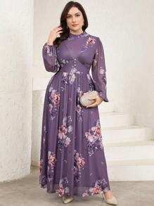 Veilorie Plus Size Women's Elegant Floral Print Long Arabian Style Dress - Dusty Purple - View 2