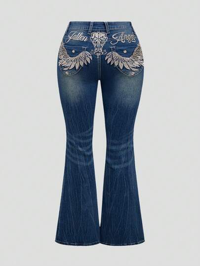 Fairycore Damen Große Größen Vintage Y2K Western Cowgirl Flared Jeans mit Flügel Stickerei