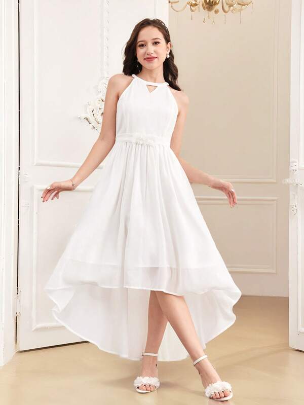 SHEIN Teen Girl Solid Color Sleeveless Halter Neck Floral Decor A-Line Dress Graduation Dress