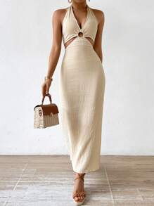 Chiquease Solid Color Cutout Halter Neck Dress With Textured Finish