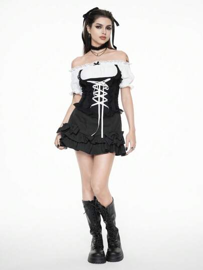 Goth Off-Shoulder Puff Sleeve Form-Fitting Lace Splice Mock-Layer Top