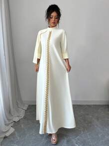 Selianne Váy dạ hội sang trọng dành cho nữ, đính hạt thủ công ở giữa phía trước, lễ hội Eid, tay áo 3/4, váy dệt kim - Màu be - Xem 6