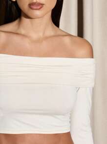 AiiRZ Elegant Off-Shoulder Crop Top And Mini Skirt Set Party Club Evening Bodycon Two-Piece Outfit With Long Sleeves Formal Event Wedding Guest Outfit - Apricot - View 6