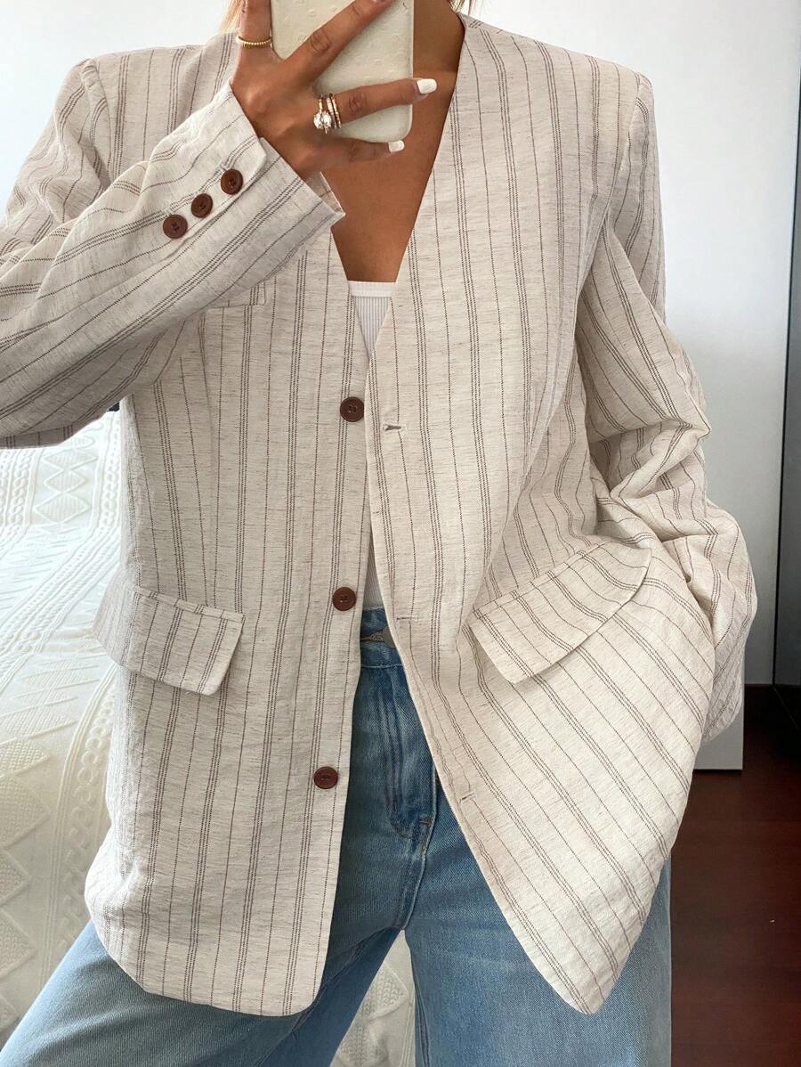Livesso Vintage Striped Loose Fit V-Neck Lightweight Long Sleeve Women Casual Spring/Summer Jacket Linen,Fall Clothes