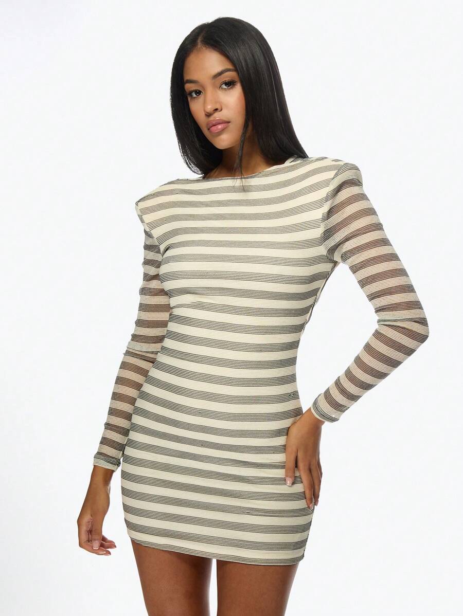long sleeve needle and thread dress Beige Embellished High Neck Long Sleeve A Line Gown main image 0