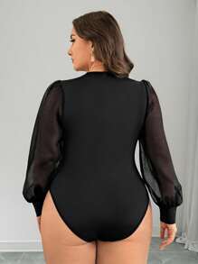 SHEIN Privé Plus Size Elegant Commute Office Intellectual Vacation Afternoon Tea Slightly Sexy Date Music Concert Party INS Fashionable Retro School Beach Photo Outfit Round Neck Chiffon Mesh Jacquard Long Sleeve Semi-Sheer Bodysuit, Figure-Flattering, Black, Spring/Summer - Black - View 3