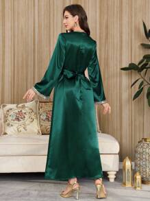 Al Najma Elegant Embellished Collar Floral Embroidered Long Sleeve Women Arabic Style Dress, Kaftan & Jalabiya, Luxury Evening Dresses For Women,Modest