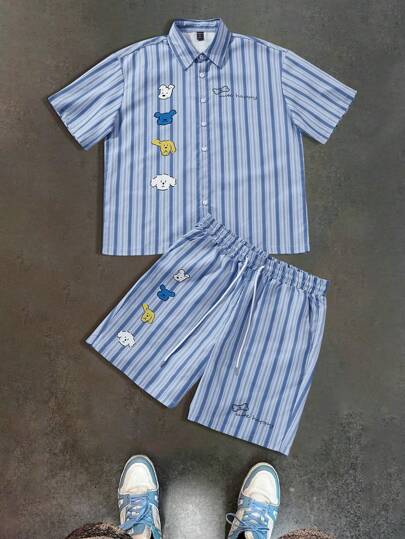 Manfinity EMRG Manfinity Hypemode 男士前扣短袖简约上衣和短裤休闲两件套服装，男士两件套服装