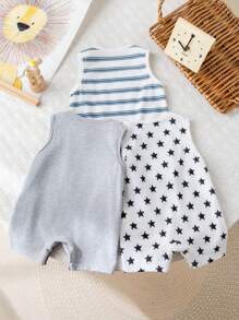 3 件套新生儿男孩可爱条纹星星印花休闲针织连体裤套装，夏季 - 彩色 - 查看 2