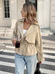 Easowa 女士休闲短款风衣 女士春季服装 女士商务休闲装 女士春季服装 女士商务休闲装 女士办公室服装 秋冬复古风格 - 卡其色 - 查看 3