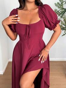 Breezaya Vestido midi elegante con volantes en el bajo y nudo delantero para mujer de talla grande de unicolor