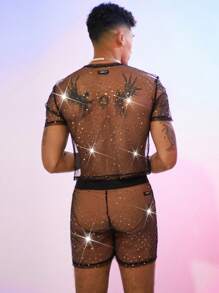 FeverCity Men's Mesh Sheer Crew Neck Short Sleeve T-Shirt Set - Black - View 4