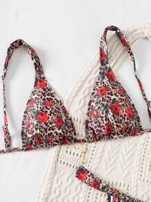 Swim SXY Beach Summer 2 Pieces Women's Leopard & Rose Print Sexy Thick Strap Tied Metal Pendant Bikini Set - Multicolor - View 8