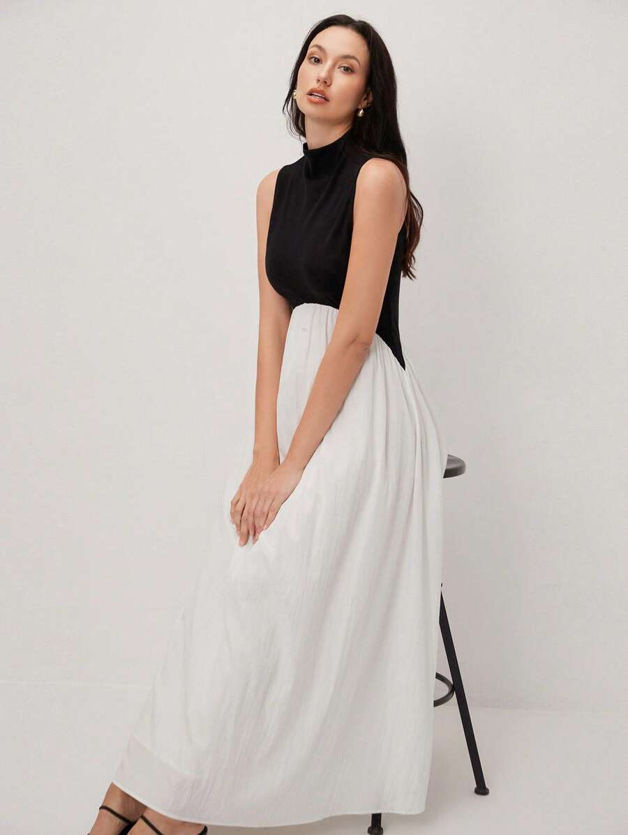 BizChic Black & White Splice 女士优雅露肩漏斗领中长连衣裙，适合春夏季约会