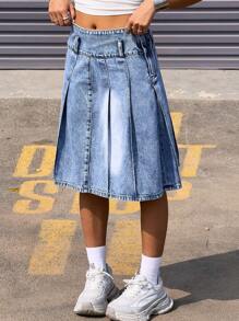 SHEIN Teen Girl Blue Denim Pleated Skirt,Kid Girls Spring And Summer Casual Vacation Hobo Wear - Light Wash - View 6